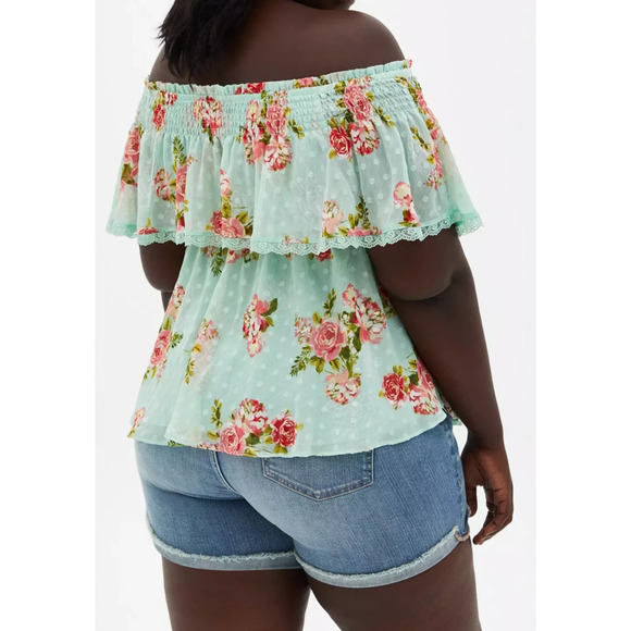 Torrid Off Shoulder Sheer Lace Swiss Dot Top Plus Size 2 2X Green Pink Boho Chic - Picture 7 of 10